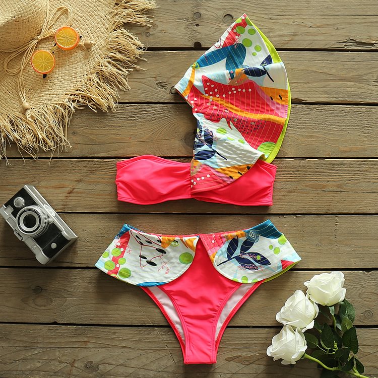 Flaxmaker One Shoulder Ruffle Printed Red Bikini Swimsuit
