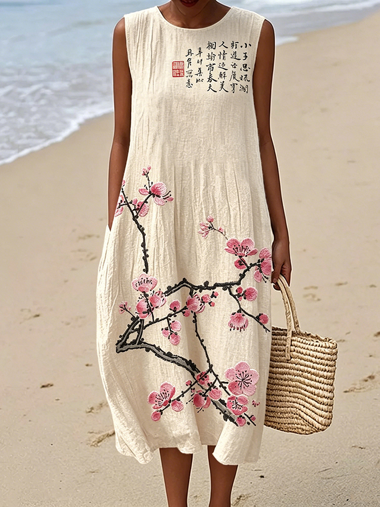 Vintage Plum Blossom Calligraphy Art Flowy Linen Tank Dress wearshes