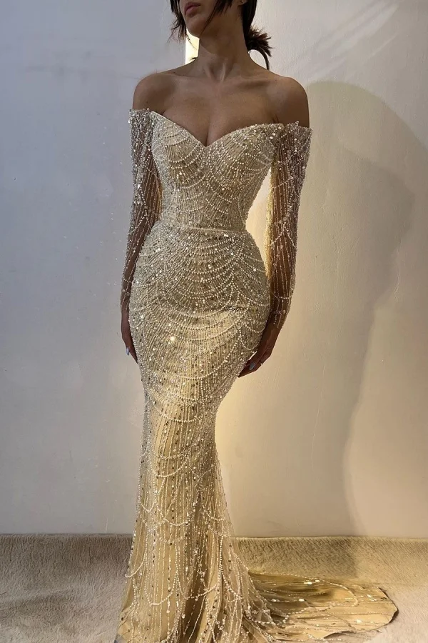 Light Gold V-Neck Off-The-Shoulder Strapless Long Sleeves Long Mermaid Prom Dress With Beading | ZT0153 Wellcucu