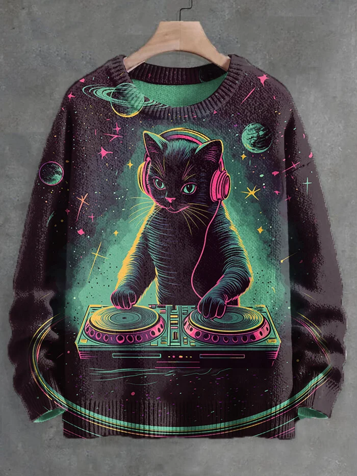 Men's Space Cat DJ Print Knit Sweatshirt