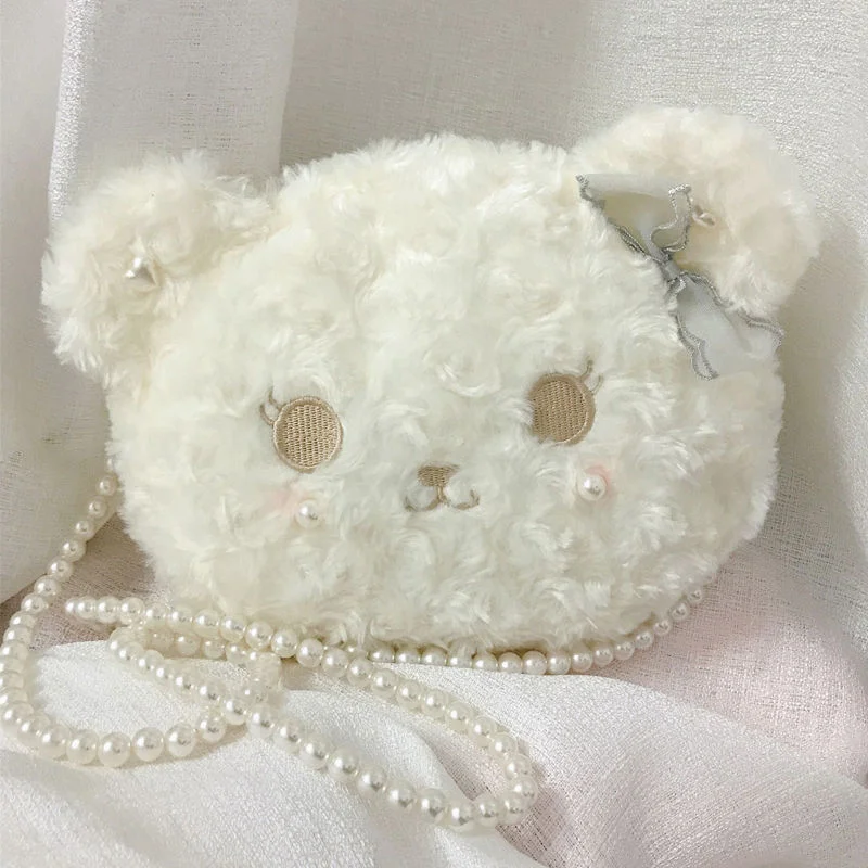 Lolita Crossbody Bags Women Fluffy Pearl Shoulder Handbags White Soft Girl Kawaii Clutch Japanese Vintage Chain Anime