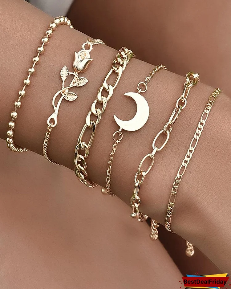6PCS Rose Moon Pattern Charm Chain Bracelet P5320469830