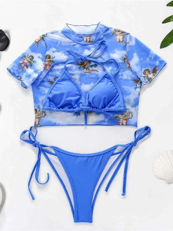 Printed Triangles+T-Shirt Three-Piece Set Tankini Swimsuit