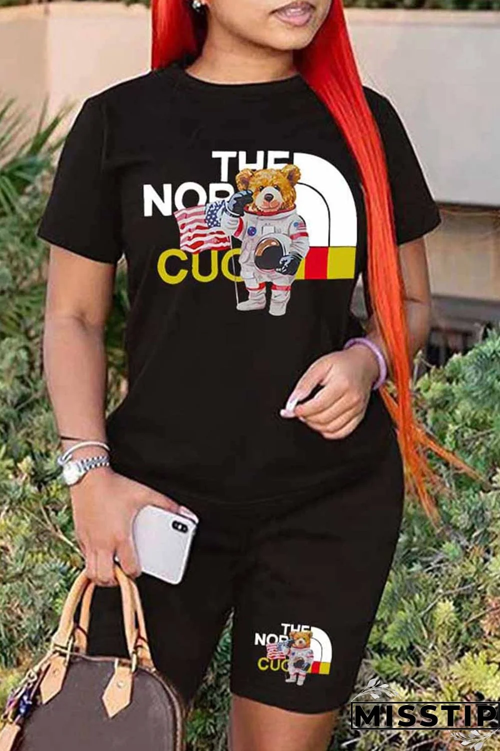 Black And White Casual Street Print Letter O Neck Plus Size Two Pieces