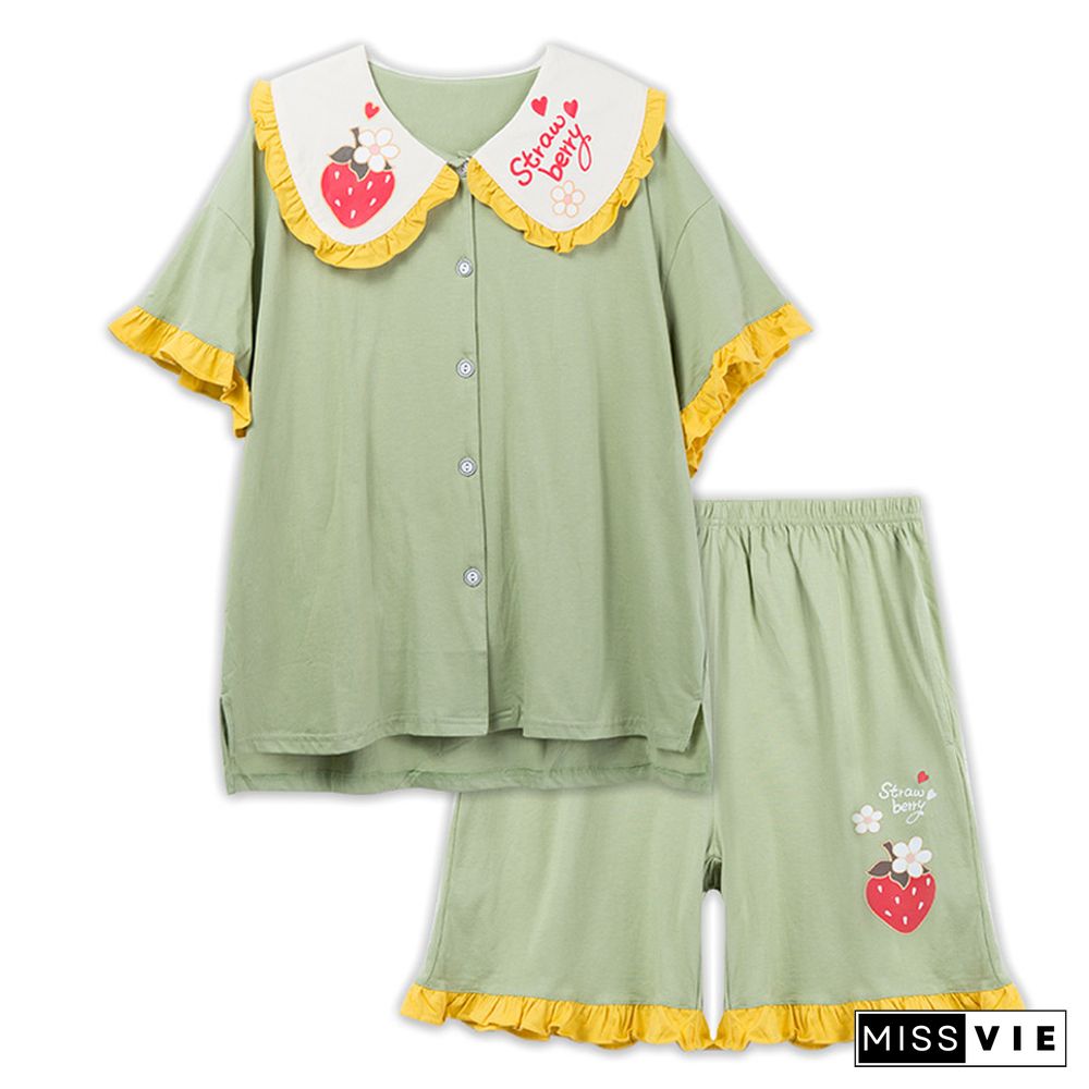 Cartoon Animal Fruit Print Cotton Pocket Pajamas Set