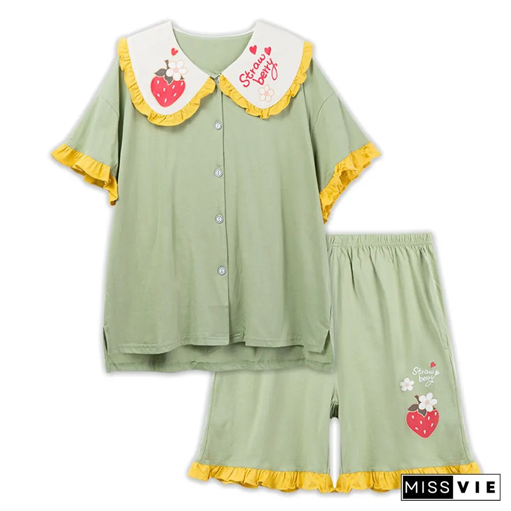 Cartoon Animal Fruit Print Cotton Pocket Pajamas Set