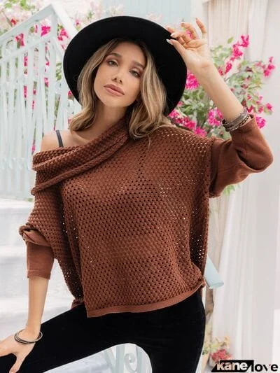 Openwork Mock Neck Dropped Shoulder Sweater