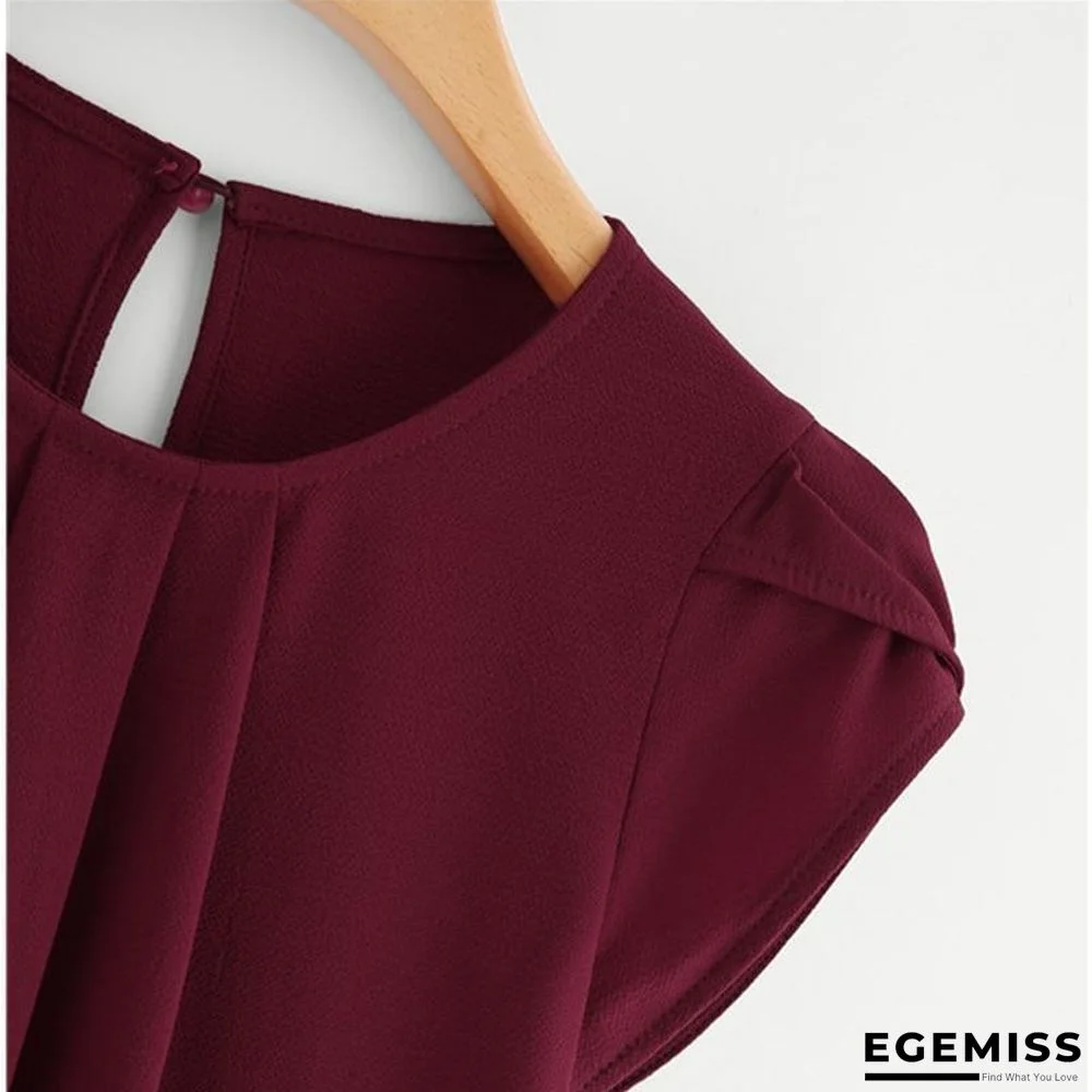 Burgundy Asymmetrical Blouse Petal Sleeve Pleated Detail Solid Short Sleeve Blouse | EGEMISS