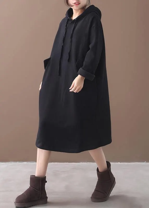 Women black cotton clothes Women hooded long winter Dress