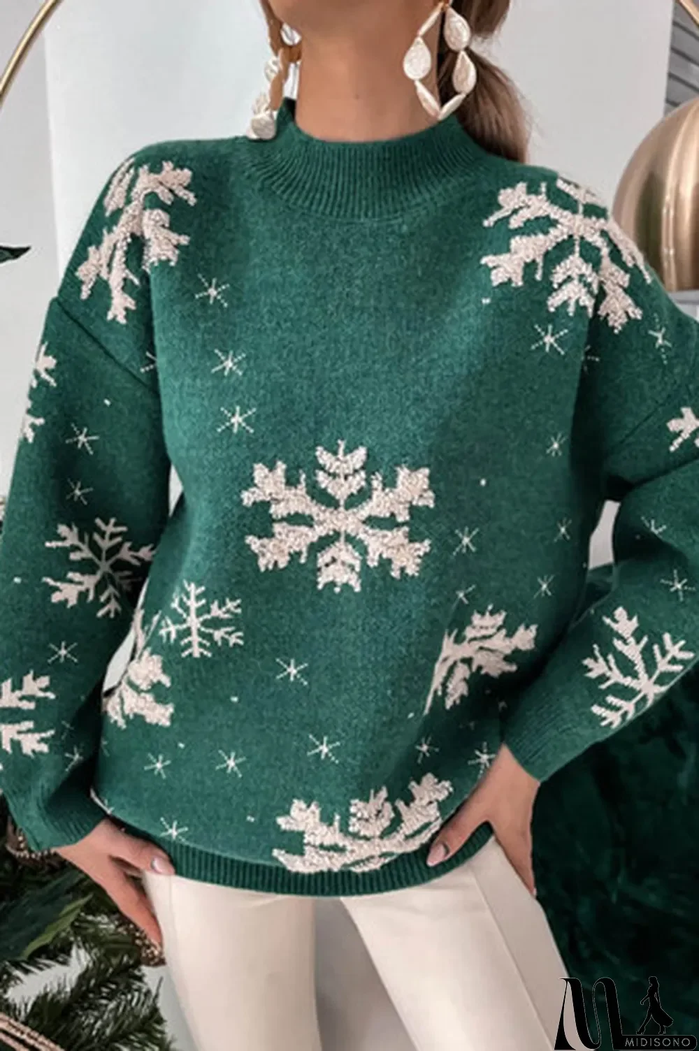 MidiSono - Blackish Green Christmas Snowflake Mock Neck Sweater