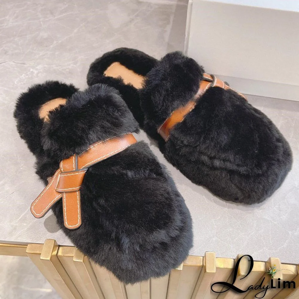 Women's Casual Colorblock Round Toe Flat Sole Plush Slippers