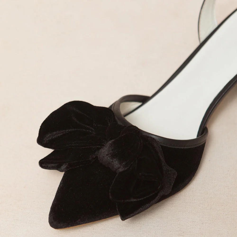 Black Velvet Pointed Toe Bow Decor Block Heel Slingback Pumps