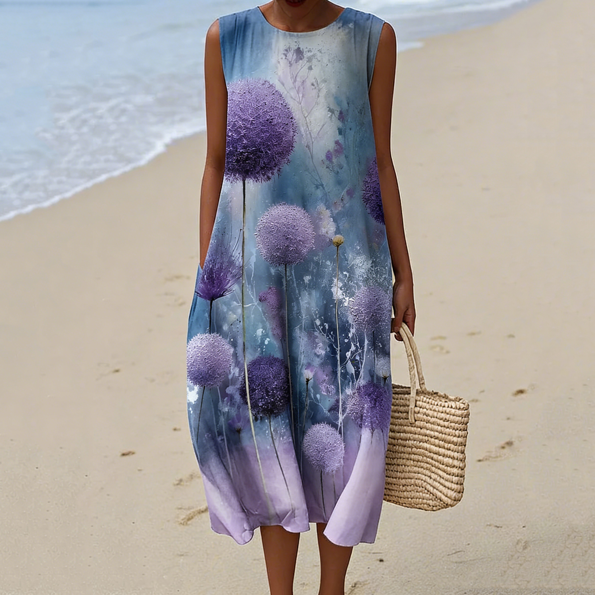 Women's Vintage Purple Dandelion Art Print Casual Sleeveless Dress elevenforest