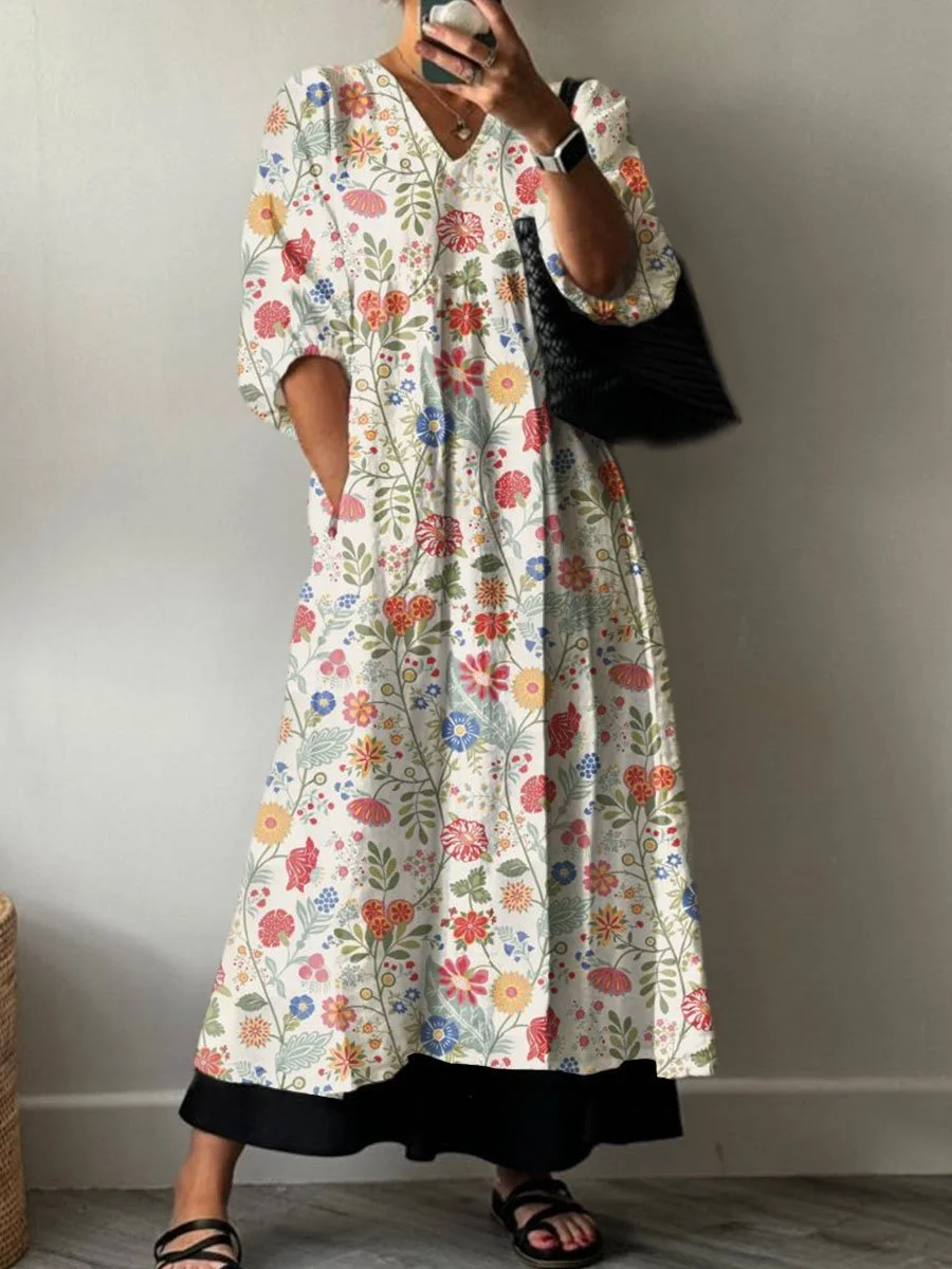 Women's Retro Floral Print Pocket V-neck Cotton Dress