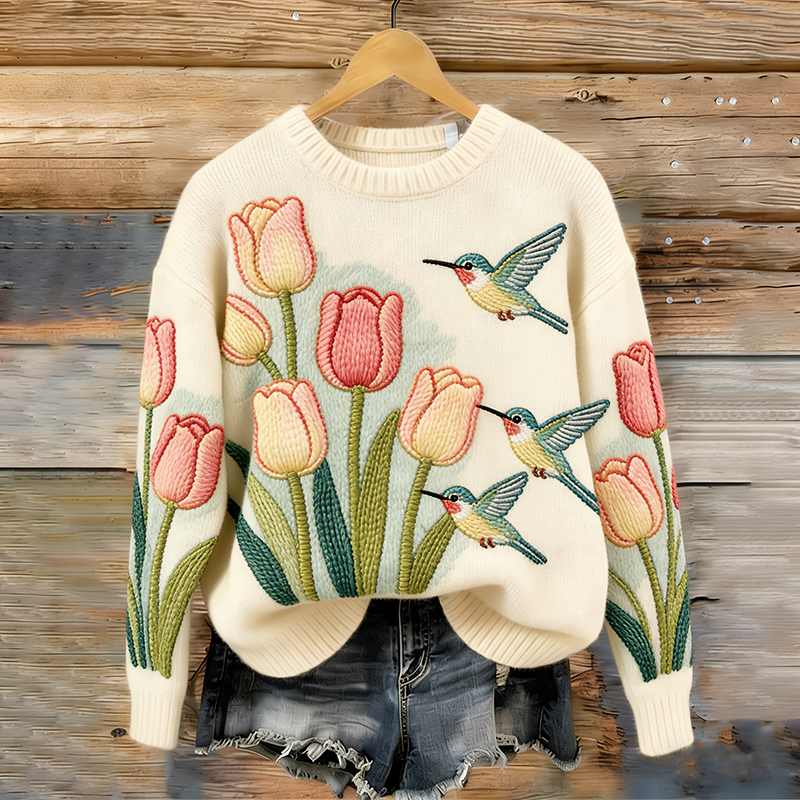 Women's Bird And Flower Pattern Comfortable And Warm Knit Sweater wearshes