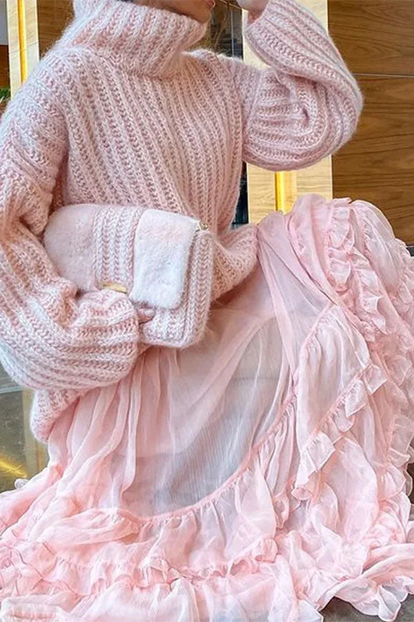 Solid Color Knitted Cute Tiered Ruffle Dress Suit
