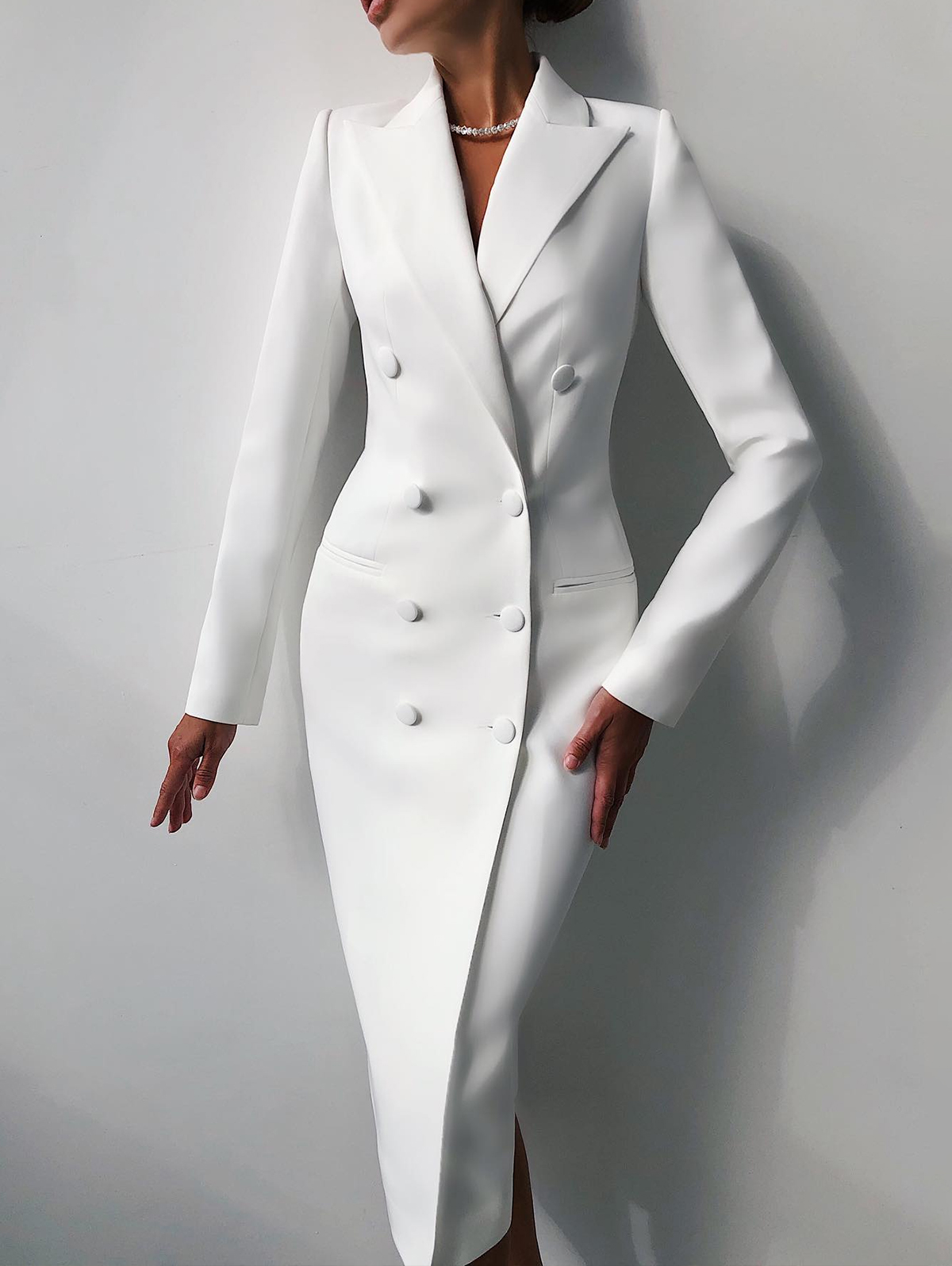 Formal Peak Lapel Double Breasted Long Sleeve Blazer Midi Dress