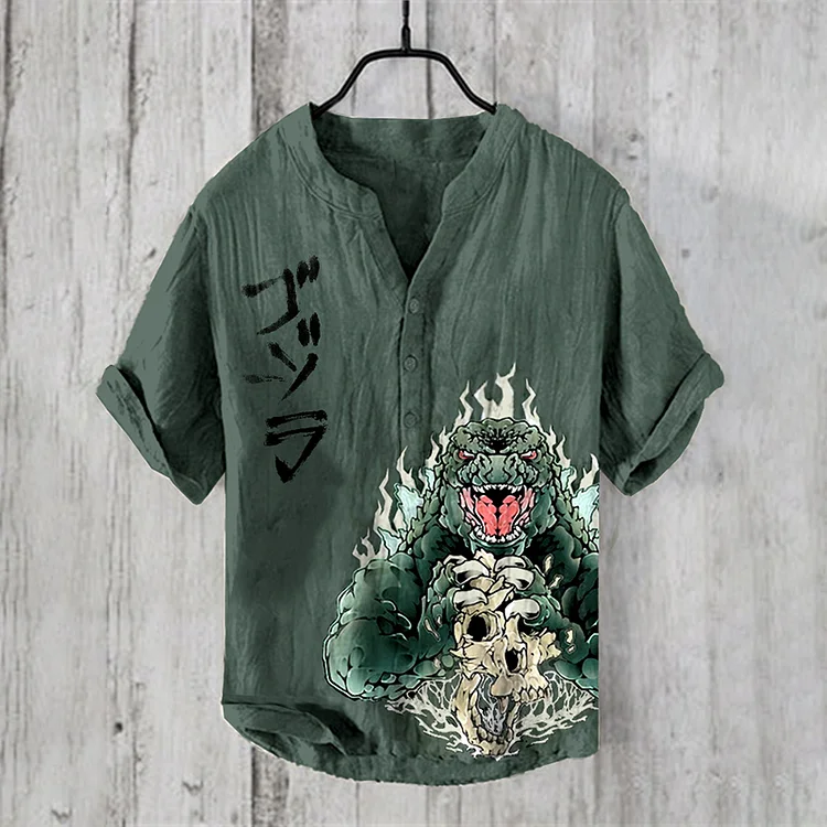Vintage Flame Godzilla Skull Art  Linen Blend Shirt