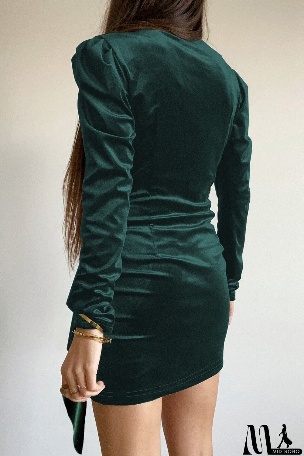 MidiSono - Wrap V Neck Long Sleeve Ruched Velvet Mini Dress