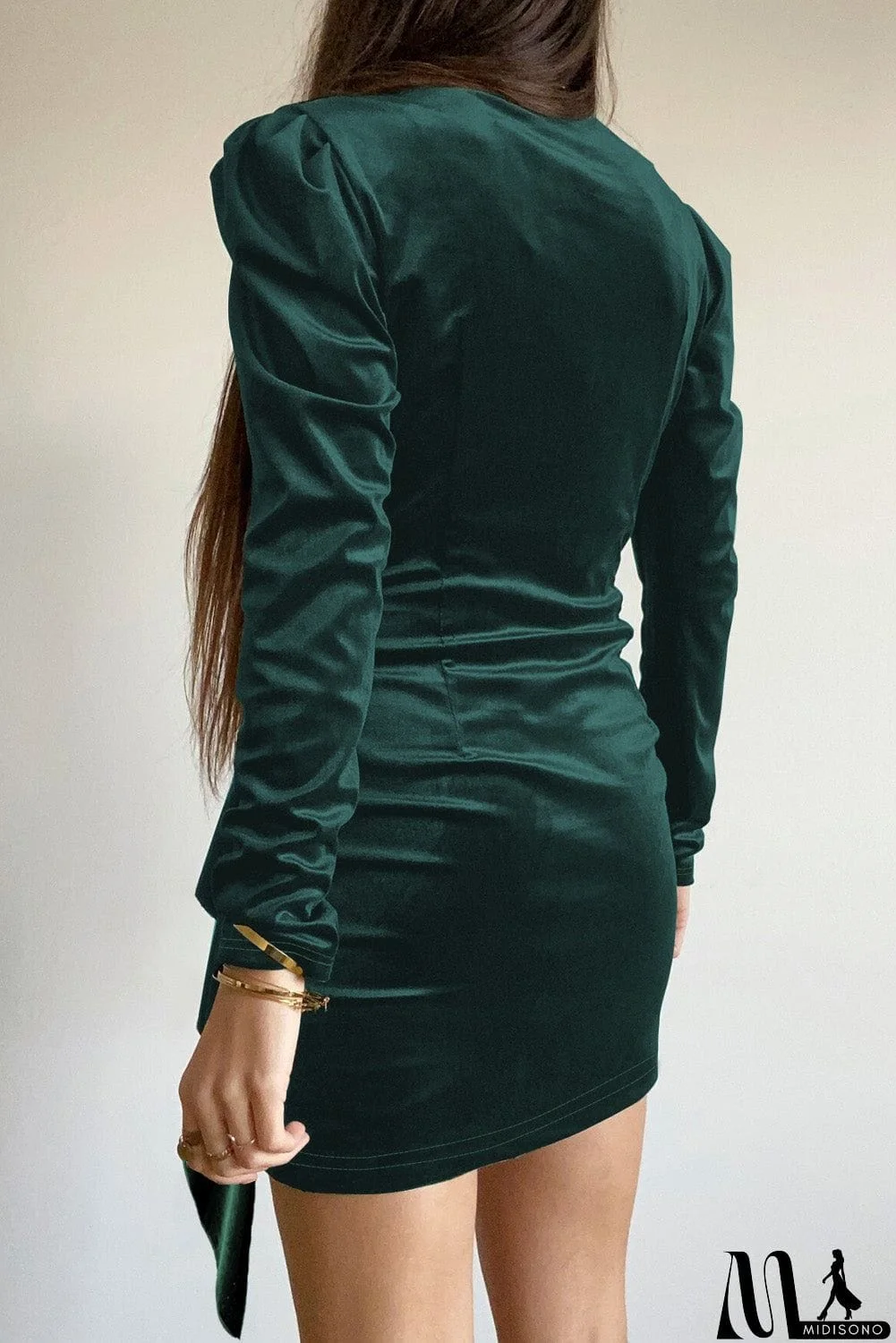MidiSono - Wrap V Neck Long Sleeve Ruched Velvet Mini Dress