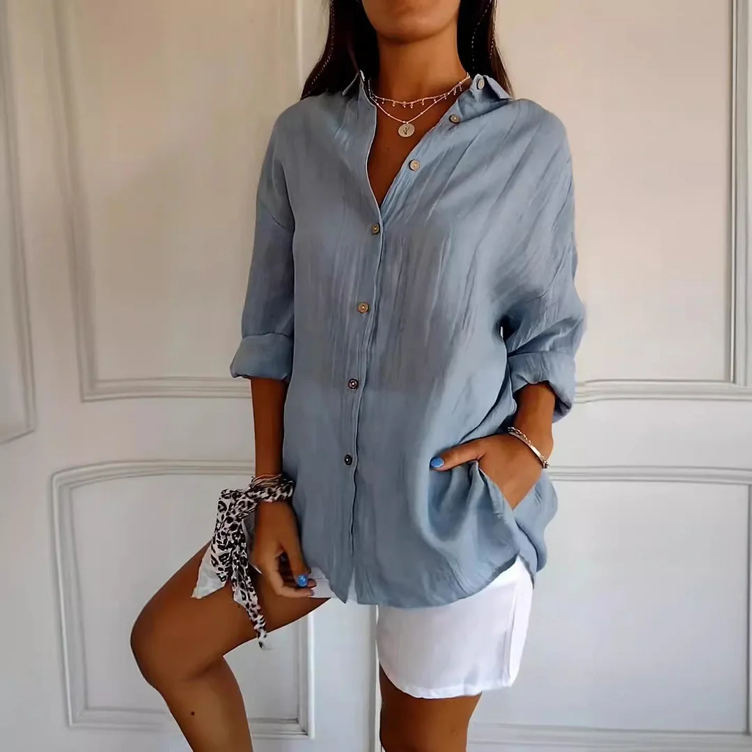 Nigikala Nigikala New Single-Dran Buckle Folding Collar Shirt Burst Lady Solid Color Can Sleeve Top