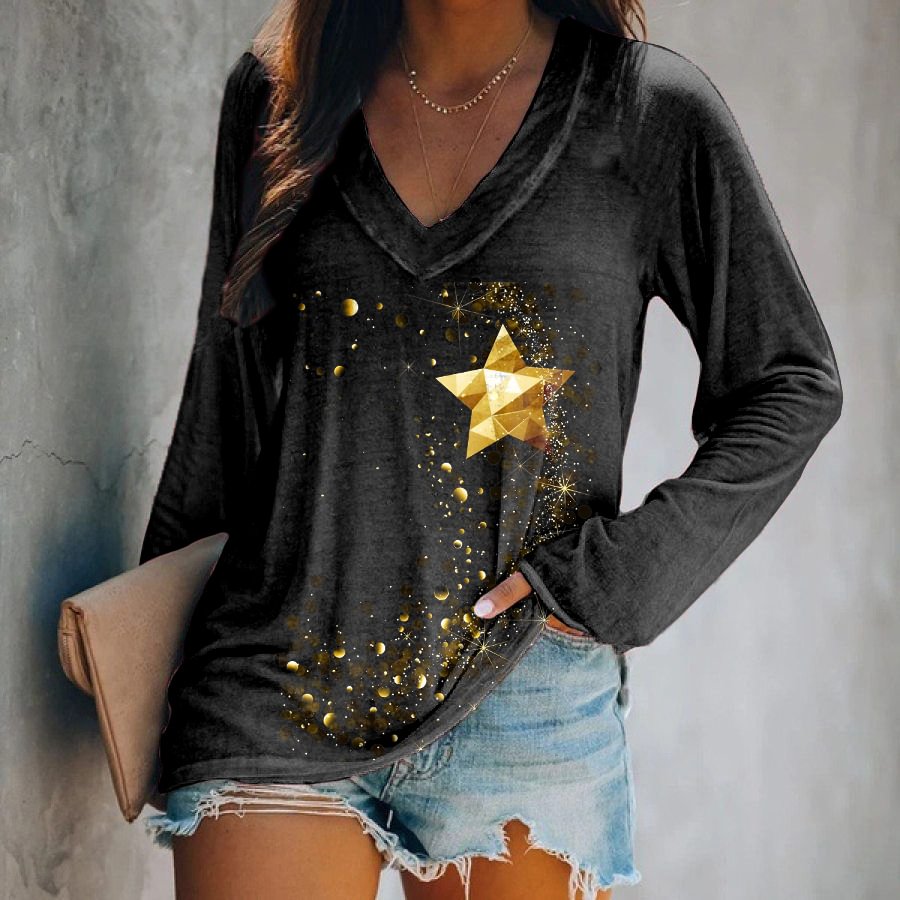 Golden Polka Dot Stars Printed Long Sleeves T-shirt