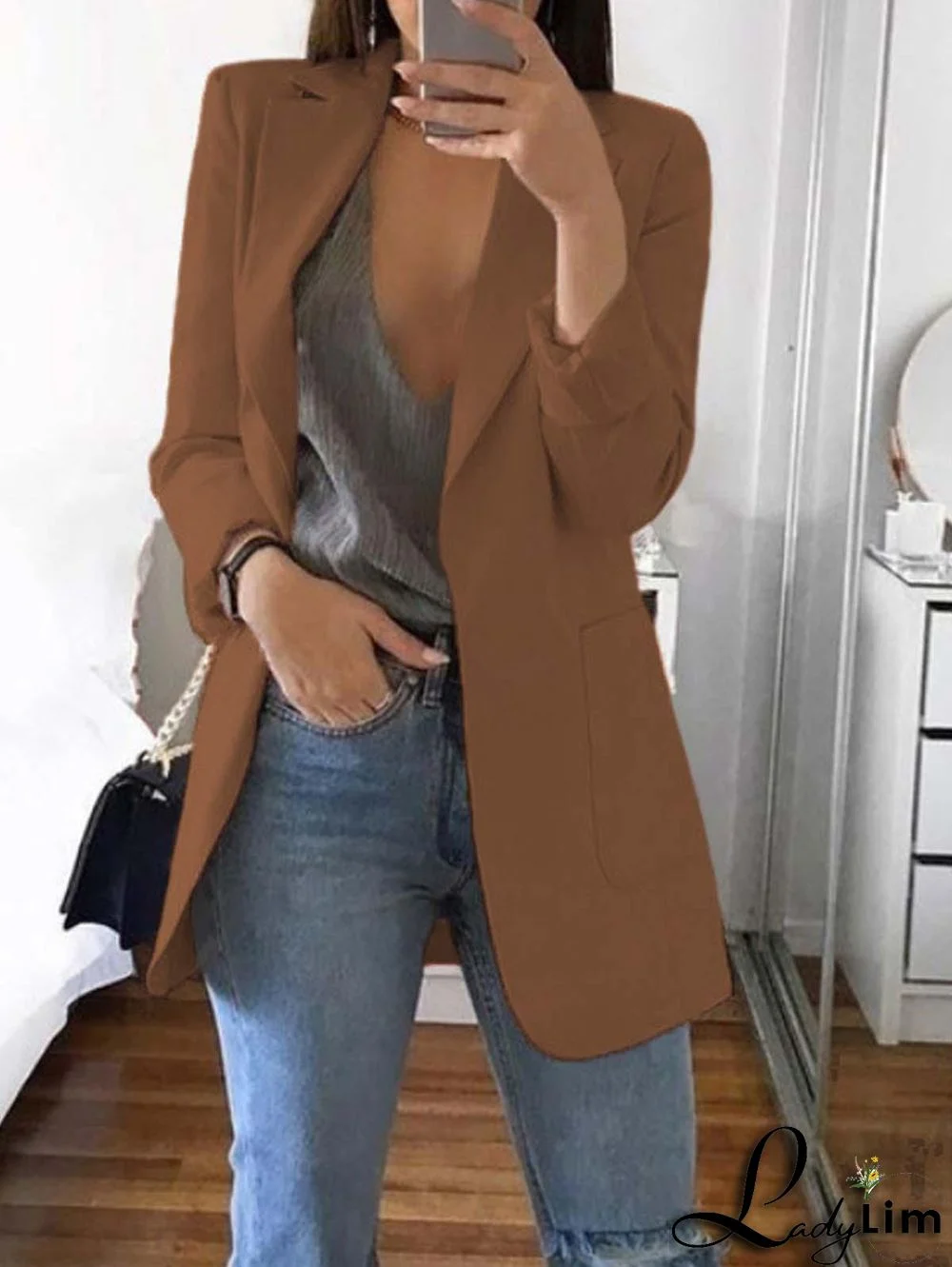 Laper Collar Double Button Pocket Side Pea Coat