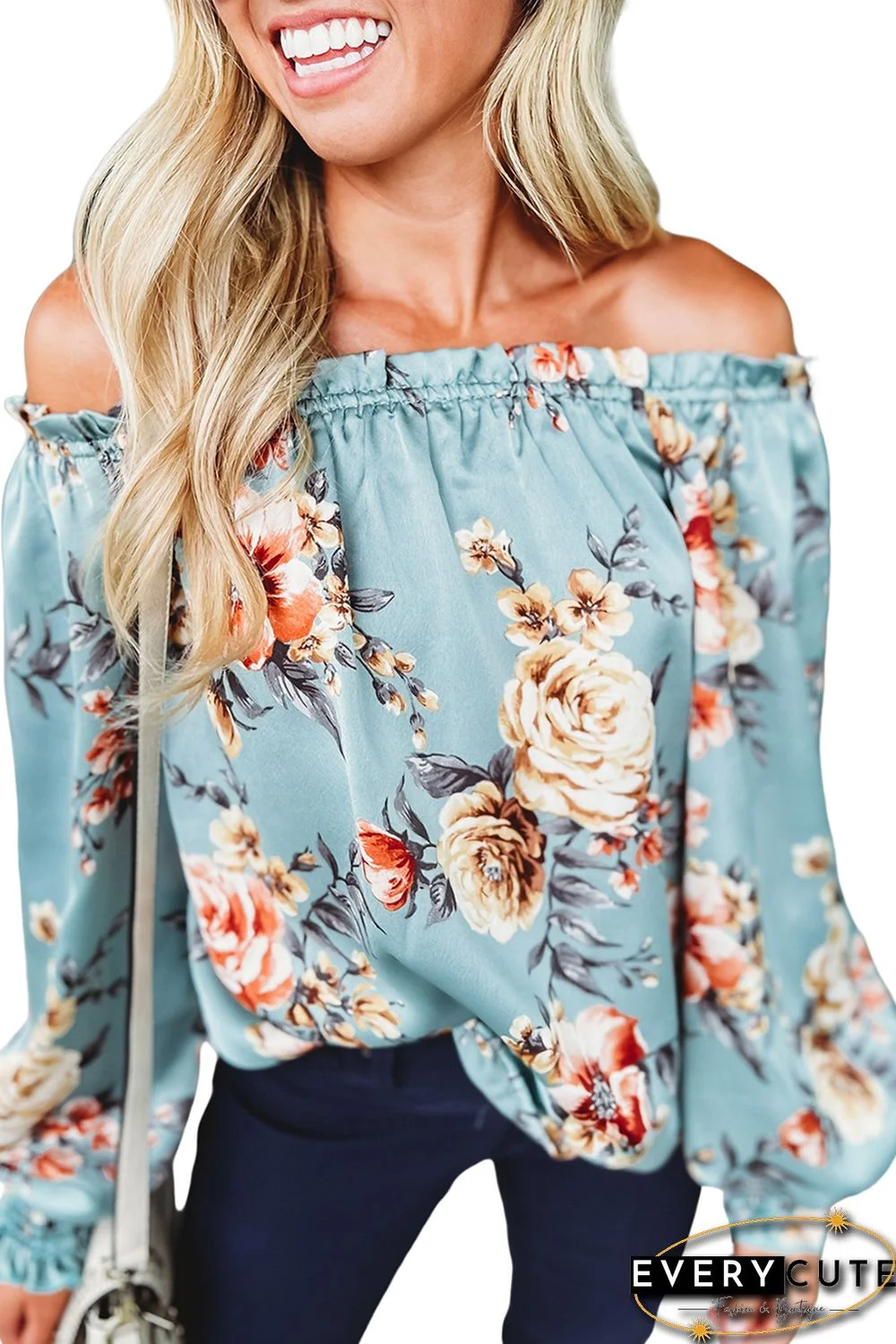 Sky Blue Ruffled Off Shoulder Long Sleeve Floral Blouse