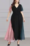 Plus Size Chiffon Party Dress With V-Neck Lace Short-Sleeved Maxi Dress