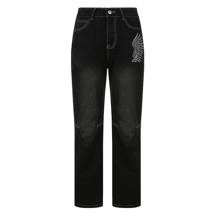 Streetwear Graphic Wings Printed High Waist Jeans Female Gothic Grunge Denim Baggy Pants Dark Academia Fall Trousers