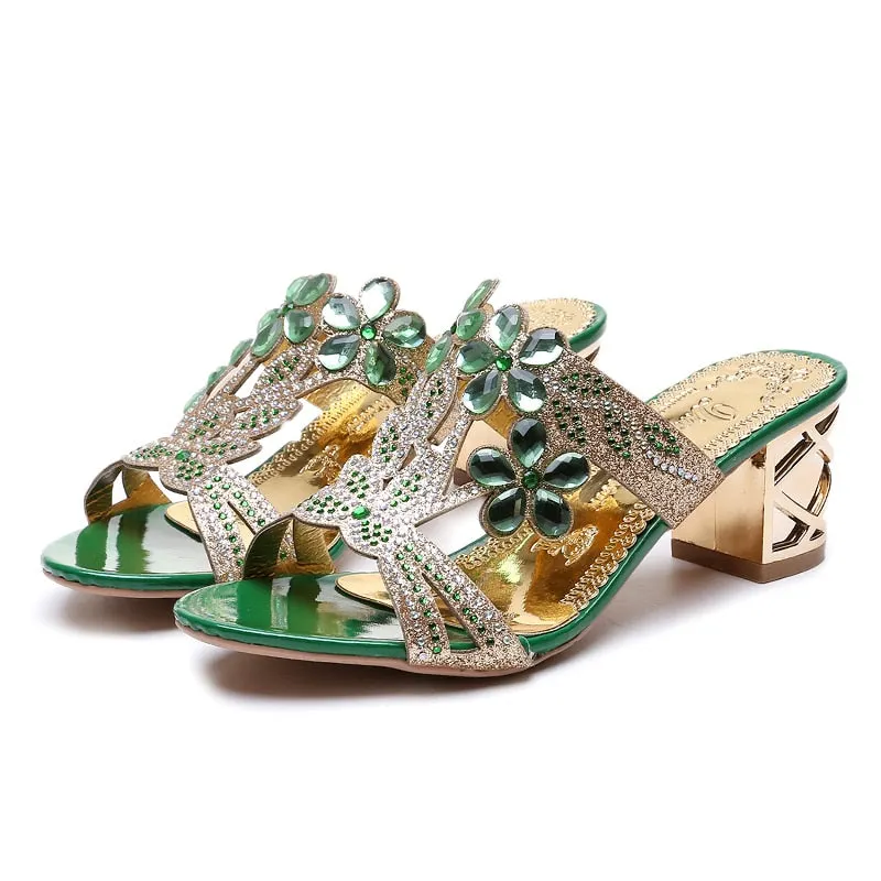 Lucyever Women Sandals Summer Open Toe Slippers Fashion Rhinestone Thick High-heeled Shoes Woman Bohemia Beach Flip Flops