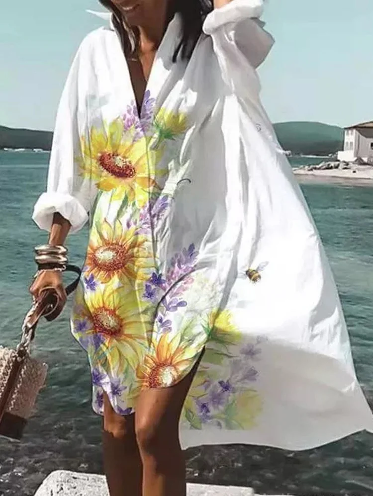 Casual Vacation Floral Pattern Loose Shirtdress Midi Dress