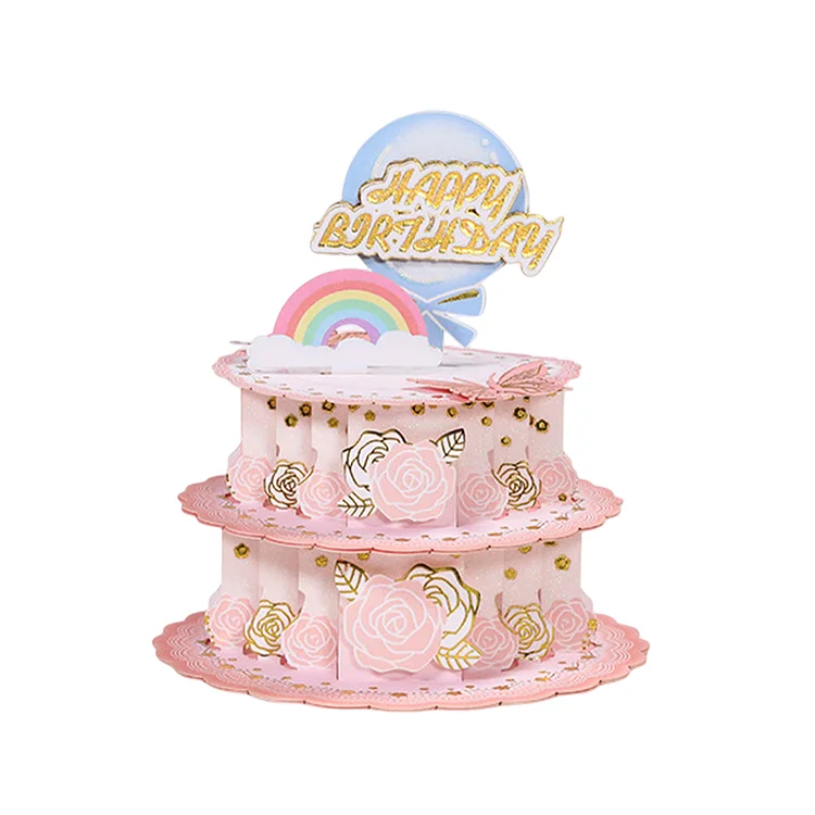 Happy Birthday Card Cake 3D Souvenirs Postcards for Birthday Invitation (Pink) gbfke