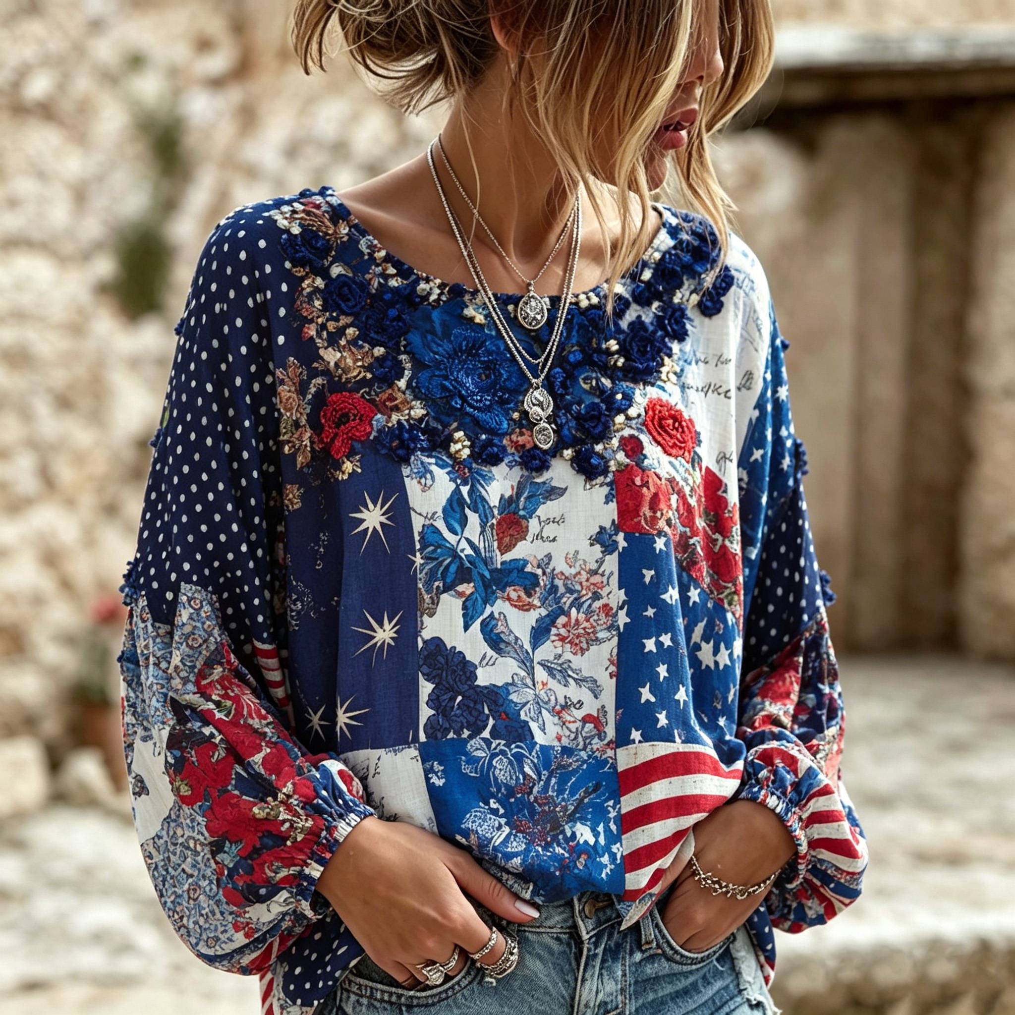 Women's Retro American Flag Rose Floral Patchwork Art Comfortable Cotton Linen Long-sleeved Top Westsshops