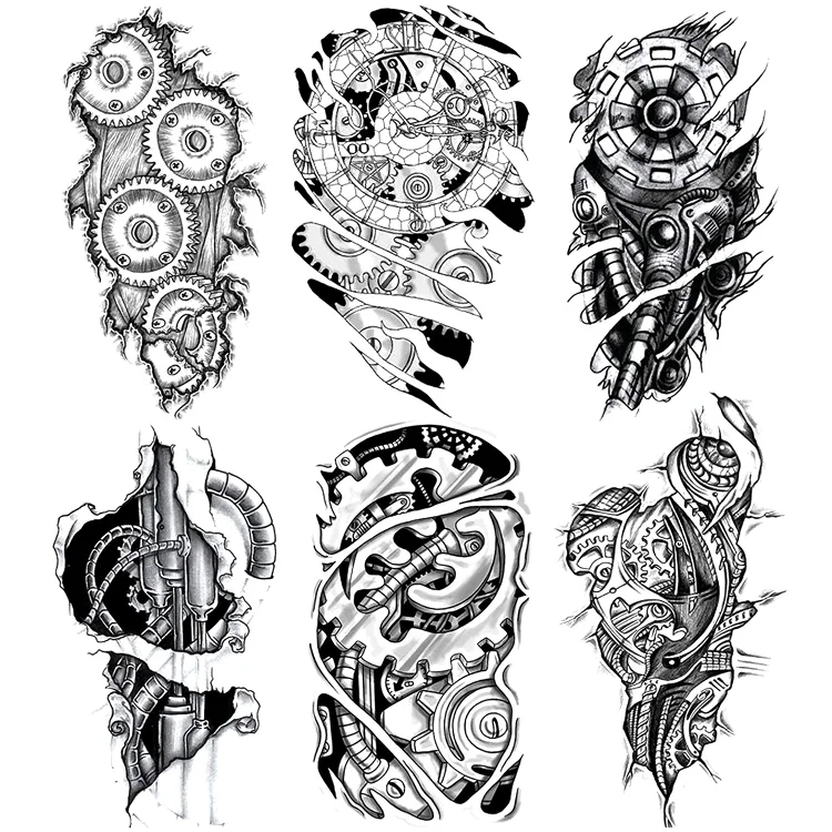 6 Sheets Temporary Tattoo Muscle Men Black Fake 3D Mechanical Metal Arm Hollow Gear Shoulder Leg