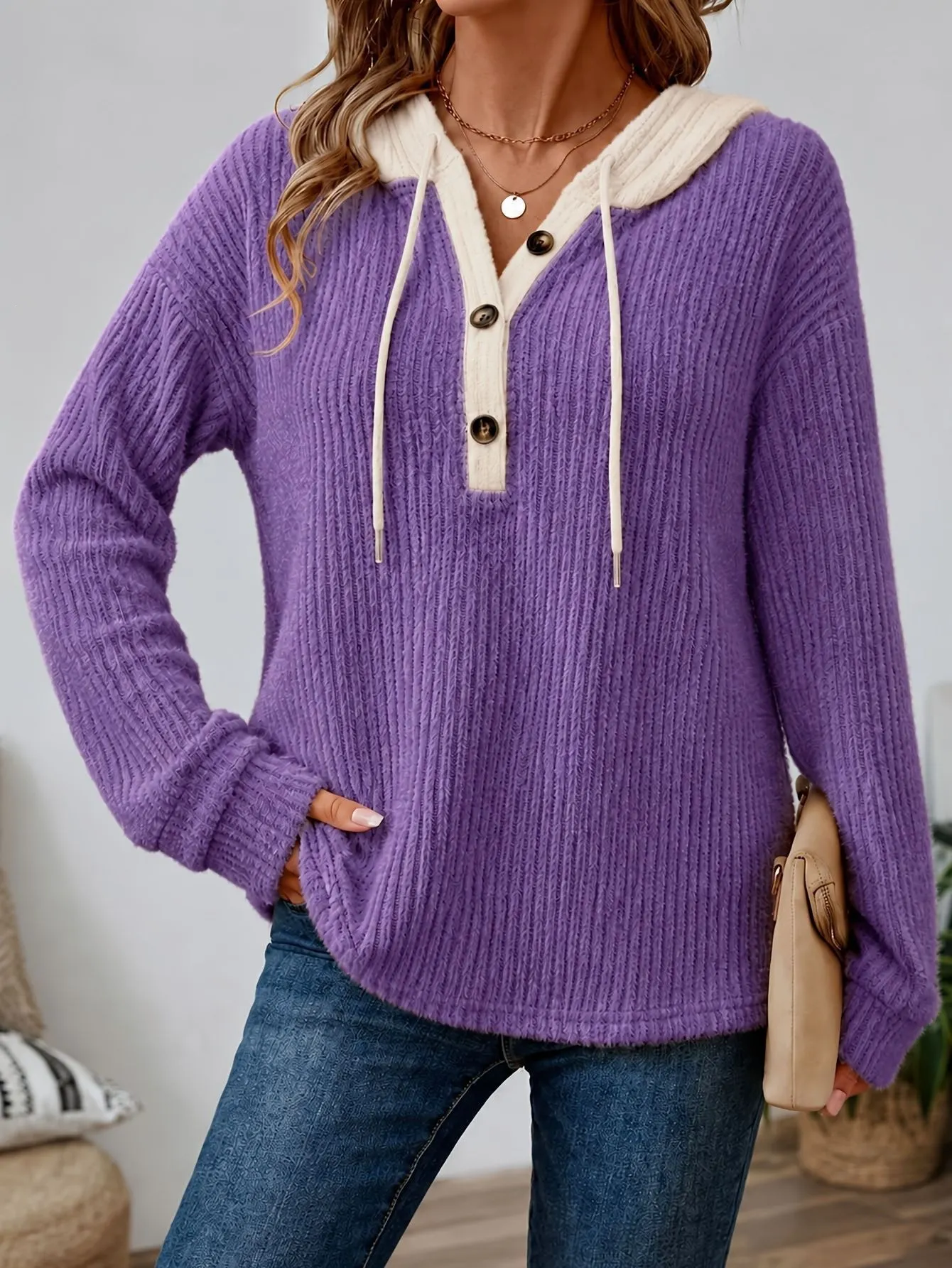 Women Color Block Hooded Knit Sweater