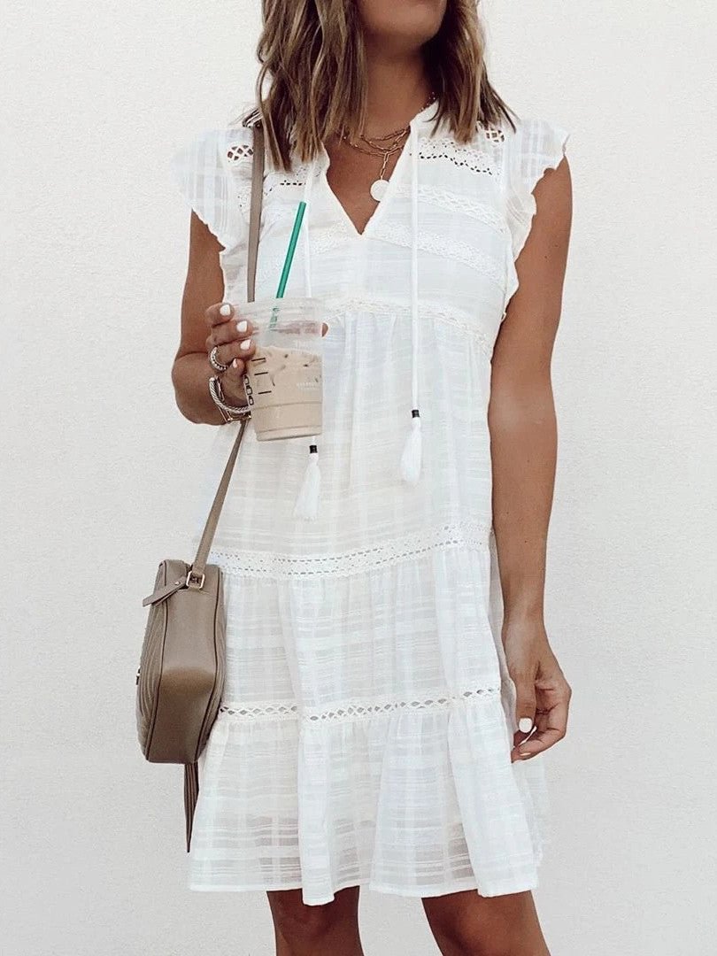 Women Short Sleeve V-neck Stitching Tassels Midi dress