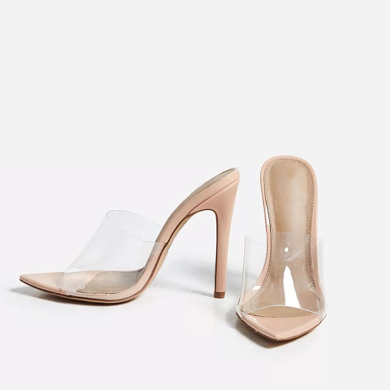 Nude Patent Leather Pointed-Toe Transparent Band Heeled Mules