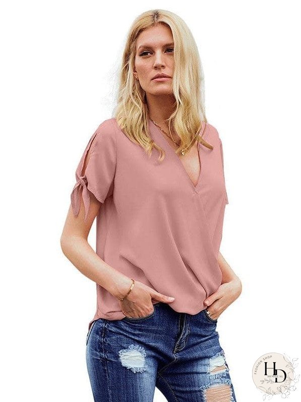 Women's Short Sleeve Knotted Cuff Blouse