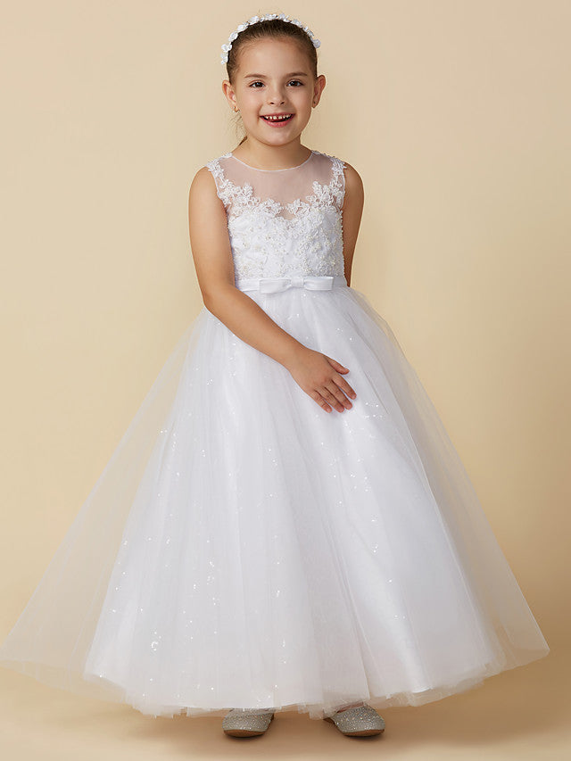 Beautiful Princess Ankle Length Flower Girl Dress Lace Tulle Sleeveless Boat Neck With Lace Bow - lulusllly