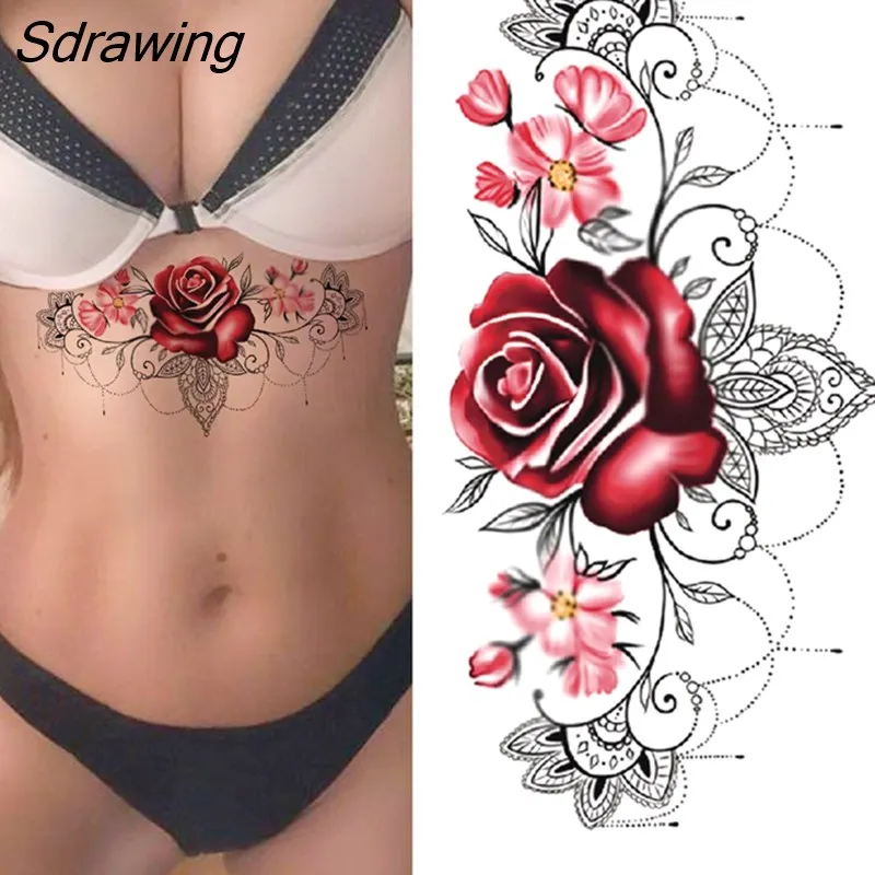 Sdrawing Fake Peony Temporary Tattoos For Women Girl Black Rose Elephant Flower Tattoo Sticker Tiger Anemone Tatoos Half Sleeve 1020-0