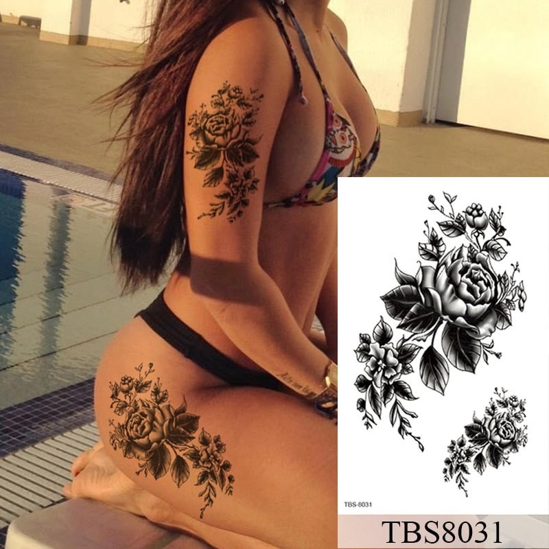 Waterproof Temporary Tattoo Sticker Flower Peony Rose Sketches Flash Tattoos Black Henna Body Art Arm Fake Tatoo Women Men
