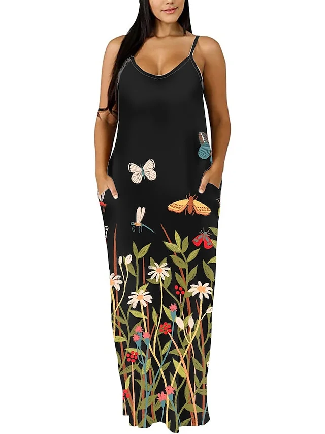Women's Plus Size Casual Dress Strap Dress Floral Butterfly Long Dress Maxi Dress Sleeveless Print Strap Romantic Daily Black Spring Summer L XL XXL 3XL 4XL | IFYHOME