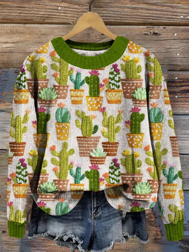 VChics Embroidered Cacti Graphic Crew Neck Comfy Sweater