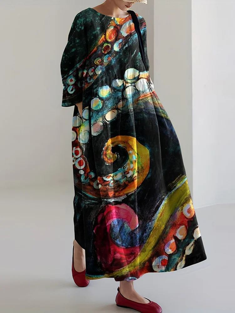 Women&lsquo;s Octopus Claw Colorful Linen Blend Maxi Dress