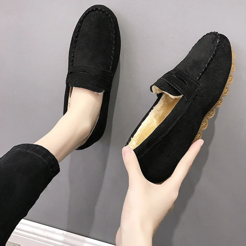 Women's Loafers Short Plush Winter Slip-On Ladies Shoes Sewing Casual Non-Slip Bottom Warm Fashion Comfort Female Flats