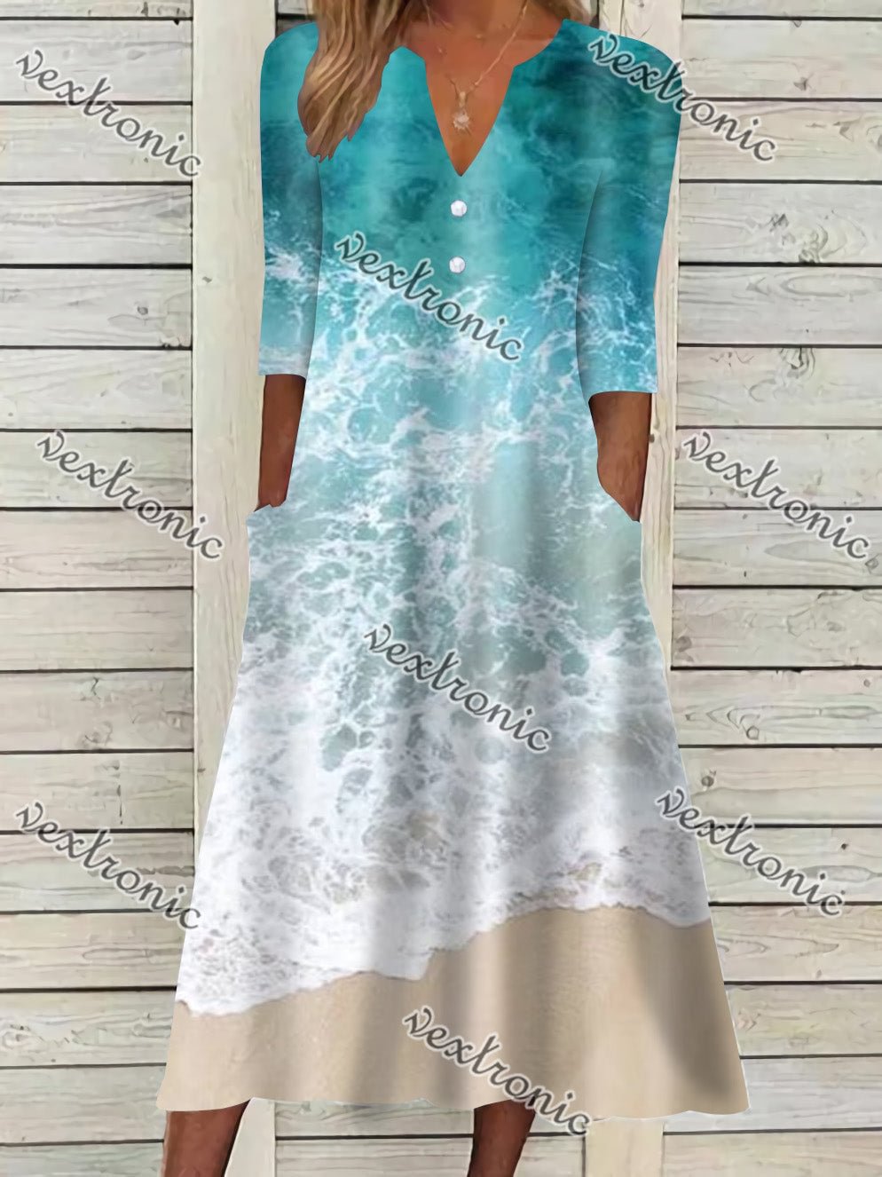 Women's Short Sleeve V-neck Blue Graphic Printed Midi Dress