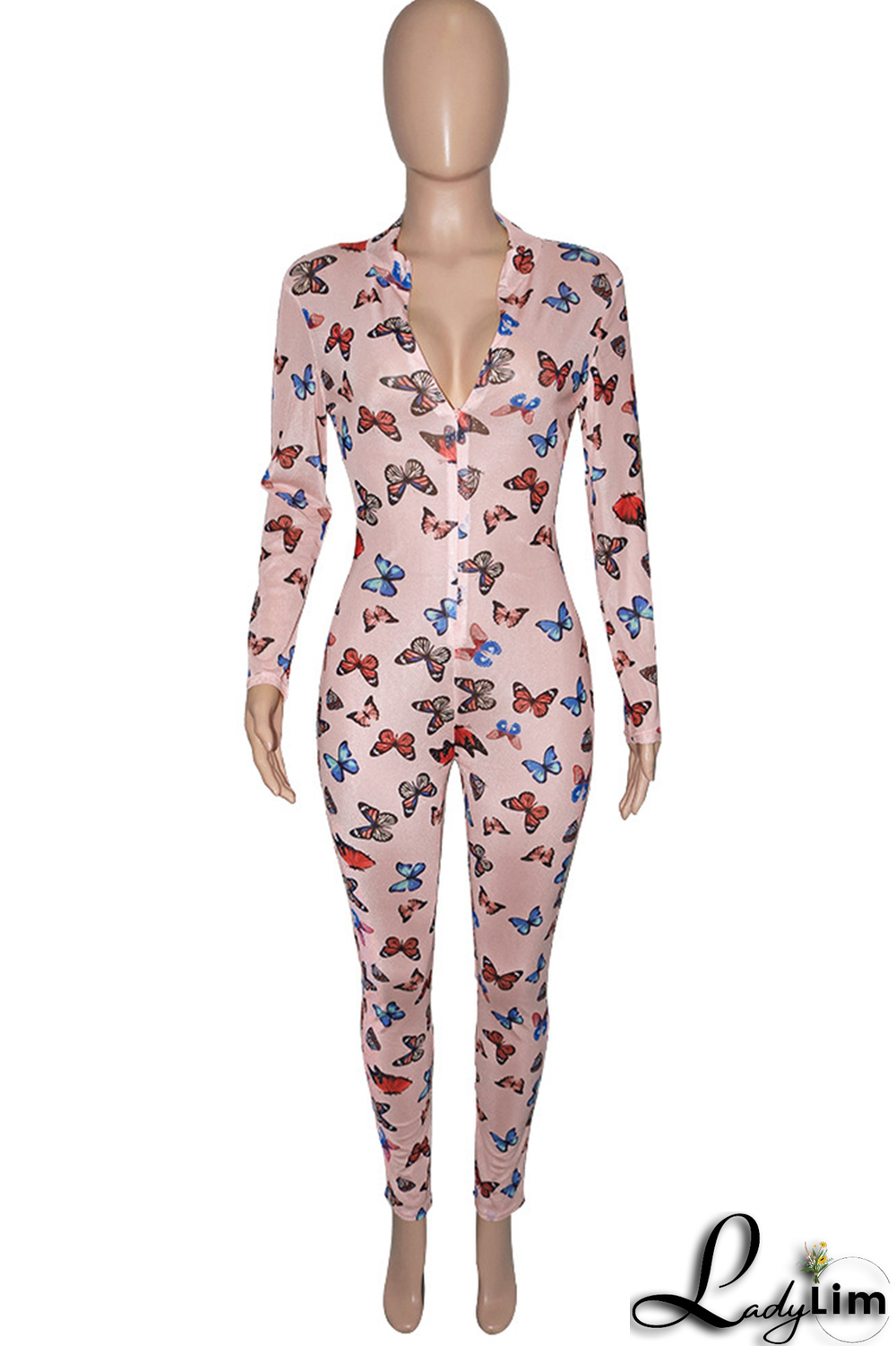 Rose Red Sexy Butterfly Print Patchwork Zipper Collar Skinny Jumpsuits
