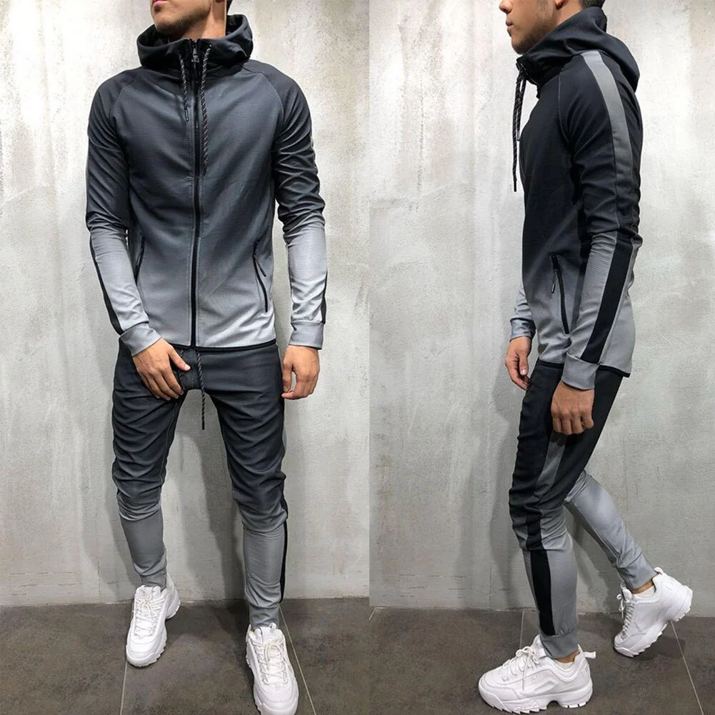 Wongn Men Fall 2pcs Turtleneck Gradual Change Color Tracksuit Set Hoodie Top High Waist Bottoms Joggers Gym Plain Zip Pockets Slim Fit