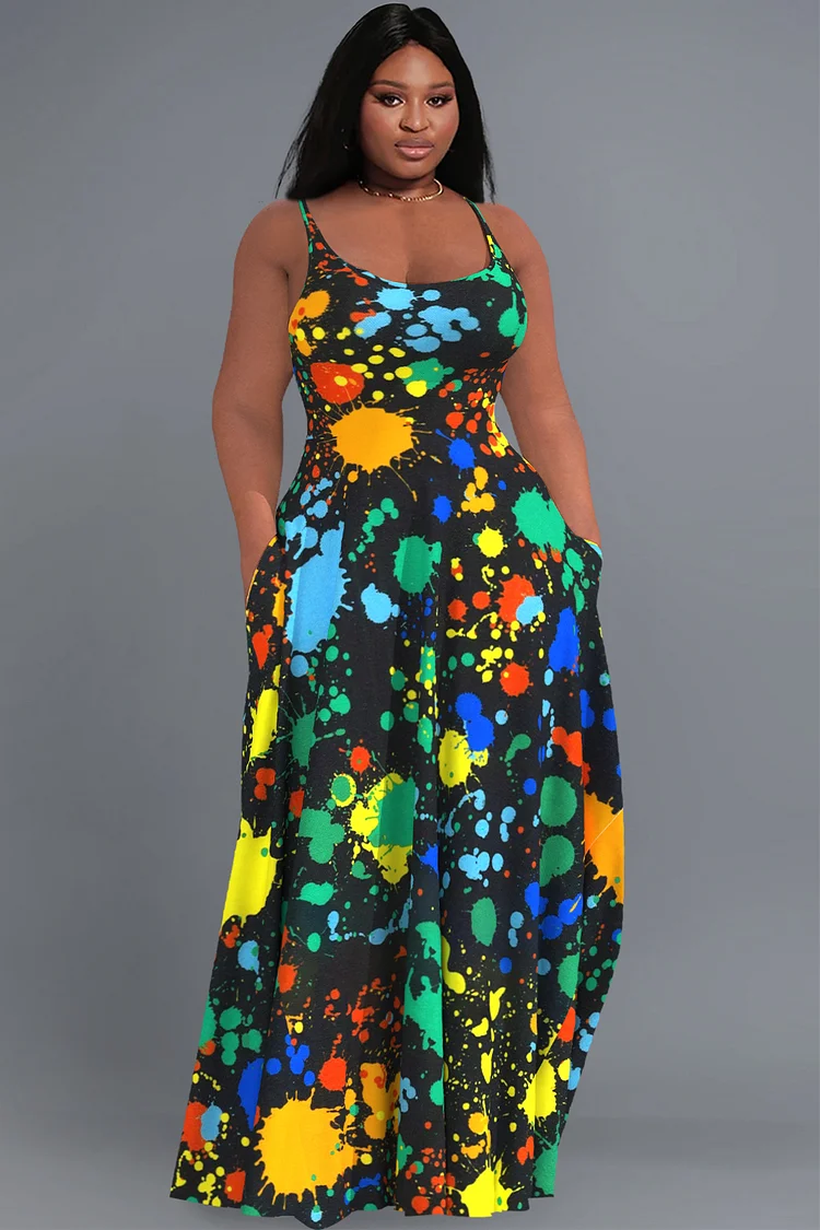 Xpluswear Design Plus Size Casual Sundress Multicolor Dots Print Scoop Neck Cami With Pockets Maxi Dresses